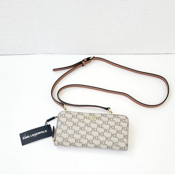 Karl Lagerfeld Monogram Brown Leather Wristlet Taupe Women's Crossbody - Picture 13 of 13